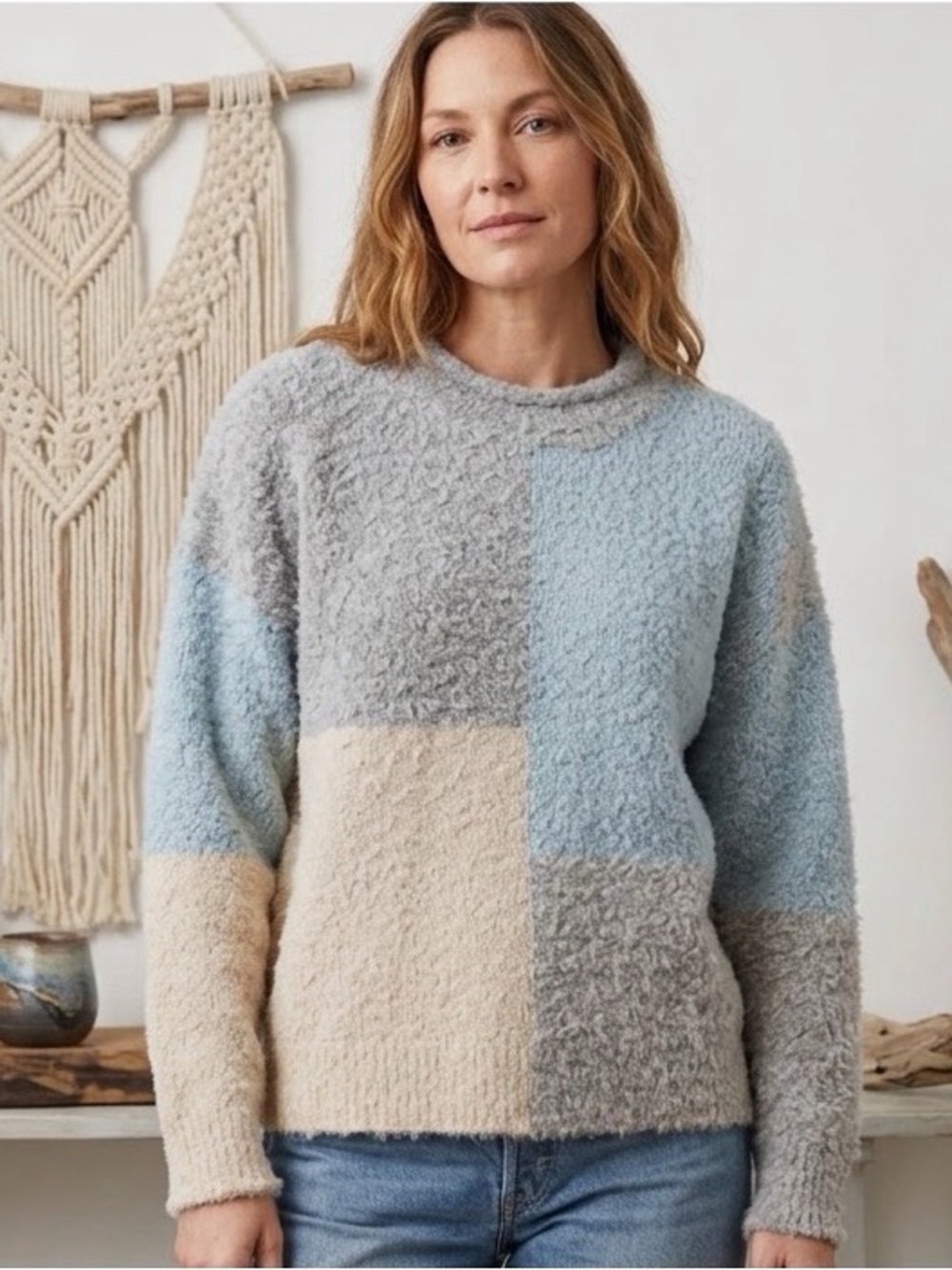Very J Color block Sweater Womens L Beige/blue/gray Grandmacore Coastal